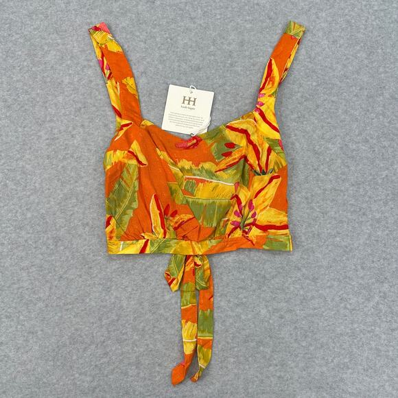 Haute Hippie Tropical Leaf Print Crop Top Womens M Orange Button Back Tie Waist - Picture 3 of 8